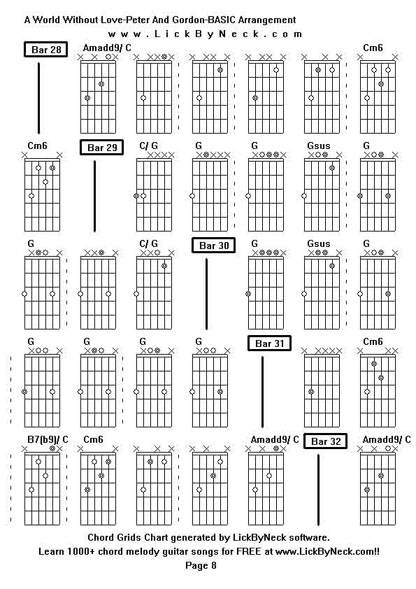 Chord Grids Chart of chord melody fingerstyle guitar song-A World Without Love-Peter And Gordon-BASIC Arrangement,generated by LickByNeck software.